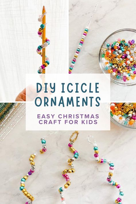 Easy Beaded Pipe Cleaner Icicle Ornaments - Fox Farm Home Diy Ornament Preschool, Preschool Christmas Ornaments Easy, Bead And Pipe Cleaner Christmas Crafts, Diy Christmas Ornaments With Pipe Cleaners, Easy Christmas Tree Ornaments For Kids, Christmas Pipe Cleaner Ornaments, Homemade Ornament Ideas For Kids, Bead Christmas Ornaments Diy, Homemade Christmas Ornaments Kids