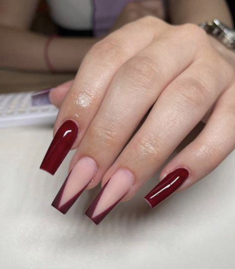 Red Nails Acrylic Inspiration, Maroon Nail Ideas Coffin, Wine Coffin Acrylic Nails, Deep Red Coffin Acrylic Nails, Bergandi Acrylic Nails, Red V Tip Nails Coffin, Dark Red French Tip Nails Coffin Long, Deep Red Nails Coffin, Prom Nails Acrylic Burgundy