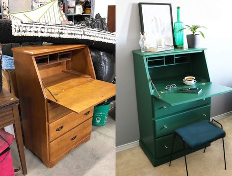 Secretary Desk Green, Vintage Desk Makeover Painted Furniture, Secretary Desk Diy, Desk Dresser Combo, Bureau Upcycle, Dresser Green, Desk Secretary, Ikea Kids Kitchen, Painted Secretary Desks