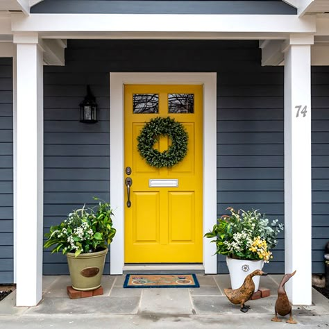 Blue House Colorful Door, Door Colors For Dark Blue House, Blue House Wood Door, Gray House With Yellow Front Door, Dark Blue House Yellow Door, Yellow Door House Exterior, Blue House With Yellow Front Door, Yellow Door Exterior Paint Colors, Houses With Yellow Doors