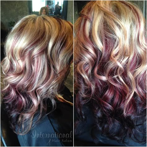 Awesome colors Blonde Hair With Red Violet Highlights, Violet Lowlights In Blonde Hair, Burgundy Highlights On Blonde Hair, Hair Color Ideas For Women In Their 40's, Blonde Hair With Burgundy Highlights, Blonde Burgundy Hair, Burgundy Lowlights In Blonde Hair, Burgundy Blonde Balayage, Blonde With Burgundy Underneath