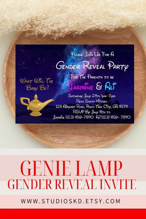 Aladdin Gender Reveal Party Invitation Aladdin Gender Reveal, Reveal Decorations Ideas, Gender Reveal Ideas Simple, Gender Reveal Decorations Ideas, Simple Gender Reveal Ideas, Unique Gender Reveal Ideas, Reveal Ideas Gender, Aladdin Theme, Unique Gender Reveal