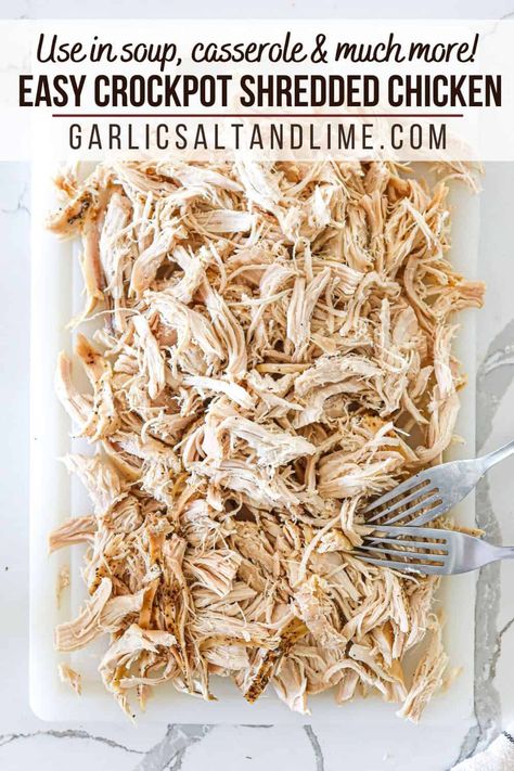 Simple crockpot shredded chicken is the easiest way to shred chicken in bulk for use in endless recipes. It's delicious, juicy and super easy to shred because it almost falls apart after hours in the slow cooker! Store in the freezer for up to 4 months and use in all your favorite recipes like soup, casseroles, tacos, enchiladas, fajitas, nachos, baked pasta dishes and so much more. Make it plain or add salsa/barbecue sauce or any condiment you like! Plain Shredded Chicken Crockpot, Mexican Shredded Chicken Crockpot, Shredded Bbq Chicken Crockpot, Crockpot Shredded Chicken Recipes, Shredded Chicken Recipes Crockpot, Chicken Recipes Low Sodium, Recipe Shredded Chicken, Crock Pot Shredded Chicken, Crockpot Shredded Chicken Tacos