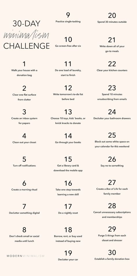 Less More List, How To Make Room Minimalist, Tips For Minimalism, What Is Minimalism, Minimalist Clean Out, Minilism Home, 30 Days Minimalism Challenge, Minimalist Challenge 30 Day, Things To Make Your Room Look Better