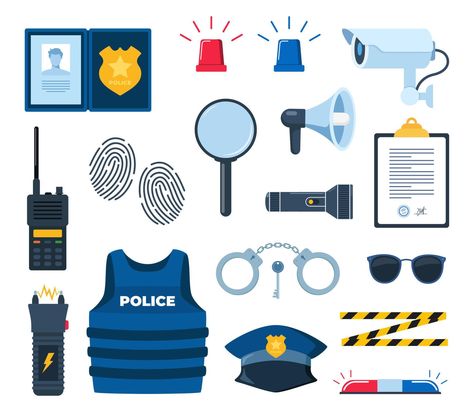 Police professional equipment for pursue and capture a criminal. Handcuffs, bulletproof vest, stun gun, pistol gun, truncheon, police badge, car. Vector illustration. Cop Tools, Police Tools, Police Illustration, Car Vector Illustration, Police Equipment, Bulletproof Vest, Bullet Proof Vest, Car Vector, Police Badge