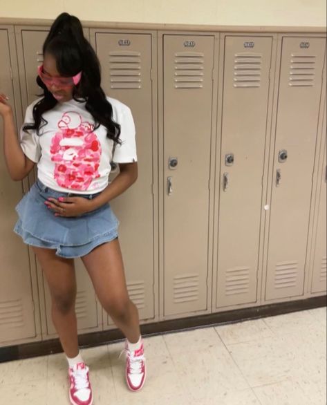 @kamaridenise._ on IG 💞 Cute Jean Skirt Outfits Black Women, Pink Birthday Outfit School, Pink Bape Shirt Outfit, Black Mini Skirt Outfit Baddie, Pink Bape Shoes Outfit, Pink Bape Outfit, Skirt With Dunks Outfit, Pink Shoes Outfit Black Women, Bape Sneakers Outfit