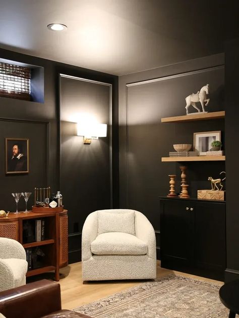 Dark Painted Room And Ceiling, Basement Wall Color With Black Ceiling, Low Ceiling Painted Black, Black Ceiling Basement Dark Walls, Basement Ceiling Black Paint, Dark Walls Basement, Black Basement Ideas, Basement Art, Black Basement Walls