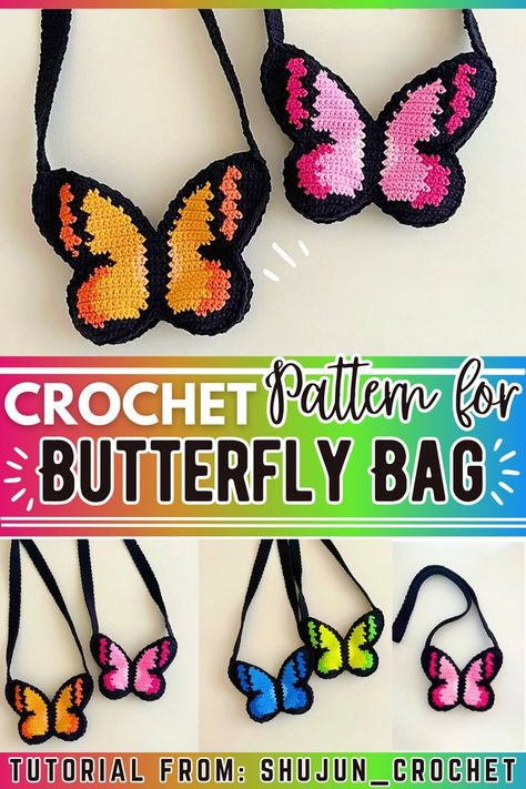 30 Free Crochet Butterfly Patterns For Toys & Decor - DIYsCraftsy Butterfly Bag Crochet, Crochet Butterfly Bag, Crochet Butterfly Patterns, Patterns For Toys, Crochet Butterfly Free Pattern, Butterfly Backpack, Butterfly Crochet, Butterfly Fairy Wings, Butterfly Patterns