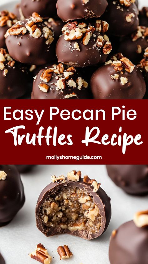 Indulge in the richness of these pecan pie truffles! A delightful combination of sweet and nutty flavors that will satisfy any craving. Perfect for holiday gatherings or as a special treat for yourself. These bite-sized treasures are easy to make and even easier to enjoy. Elevate your dessert game with these irresistible pecan pie truffles that are sure to impress everyone at the table. Say goodbye to boring sweets and hello to a new favorite dessert that will leave you wanting more. No Bake Pecan Pie Truffles, Butter Pecan Truffles, Pecan Pie Decoration, Pecan Christmas Desserts, Pecan Pie Truffles Recipe, Pecan Pie Bites Easy, Heath Desserts, Dessert Gift Ideas, Pecan Dessert Recipes