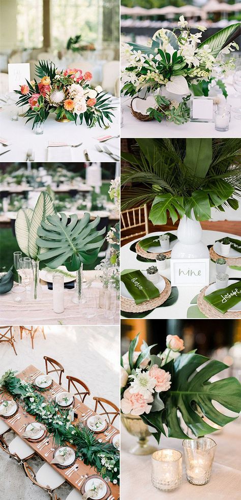 Monstera Leaves Wedding Decor, Wedding Hawaiian Theme, Aloha Wedding Theme, Green Tropical Wedding Theme, Island Theme Wedding Decor, Tropical Forest Wedding Theme, Ibiza Theme Wedding, Classy Tropical Bridal Shower Ideas, Wedding Decoration Tropical