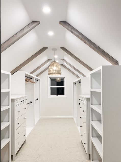 Master Closet Design Slanted Ceiling, Closet Attic Ideas, Attic Walkin Closet, Attic Renovation Closet, Pitched Roof Walk In Closet, Attic Master Closet, Attic Turned Into Closet, Vaulted Ceiling Closet Ideas, Walk In Closet Slanted Ceiling