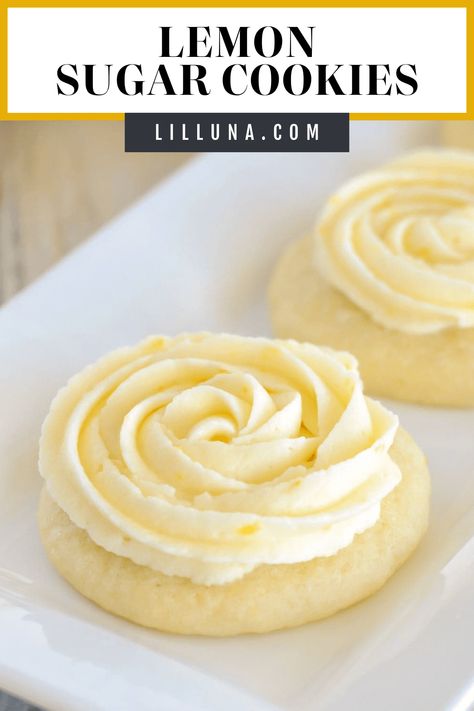 Frosted Lemon Sugar Cookies are buttery soft, with the perfect hint of lemon. They're a perfect treat for lemon lovers! #lemonsugarcookies #lemoncookies #sugarcookies #lemon #frostedcookies Lemon Cake Cookies, Cookies With Frosting, Lemon Sugar Cookies Recipe, Cookies With Icing, Cups Recipes, Lemon Buttercream Frosting, Lemon Recipe, Lemon Cookies Recipes, Lemon Frosting