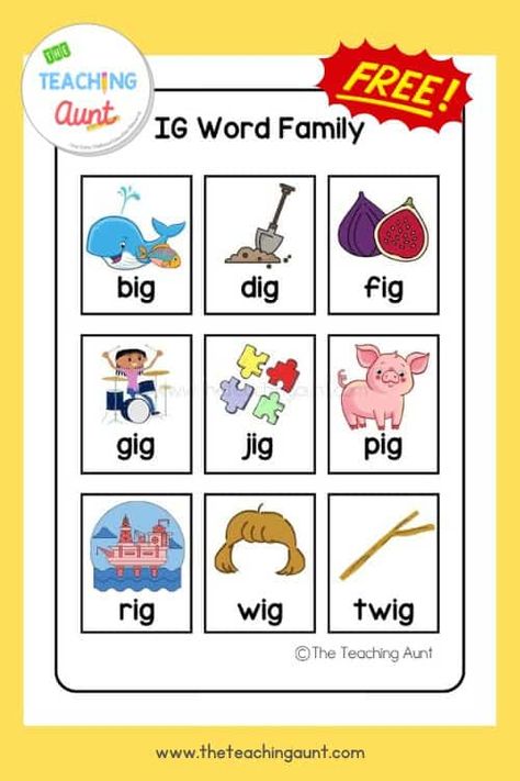 IG Word Family List - The Teaching Aunt Ig Family Words, Ig Words, Ig Word Family, Word Family List, Family Words, Cvc Worksheets, Word Family, Word Families, Simple Words