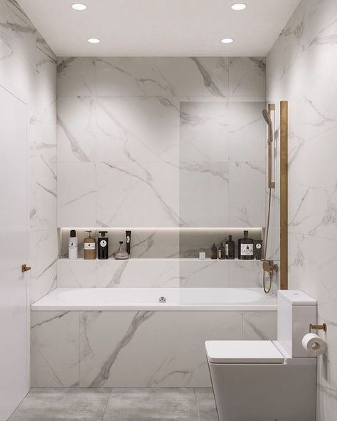 Marble And Gold Bathroom, Modern Marble Bathroom, Bathroom Grey, White Marble Bathrooms, Modern Marble, Shower Niche, Vinyl Decor, Bathroom Tile Designs, Gold Bathroom