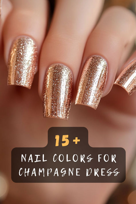 From nude tones to shimmering gold, these 15 nail colors are perfect for pairing with a champagne dress! Click to discover the best shades to elevate your look for any occasion. 💅✨ #ChampagneDress #NailColorInspo #ElegantManicure #StylishNails #NailDesignIdeas #ChicNails #PerfectMatch Nail Polish For Champagne Dress, Nails To Go With A Champagne Dress, Champagne Nail Color, Nails Champagne Color, Champagne Nails Short, Champagne Nails Wedding, Champagne Colored Nails, Champagne Chrome Nails, Champagne Glitter Nails