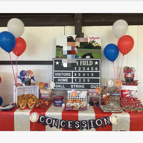 Birthday Party Concession Stand, Red Sox Birthday Party, Diy Concession Stand, Red White And Blue Decorations, Baseball Party Decorations, Baseball Theme Birthday, Concession Stands, Lincoln Birthday, Baseball First Birthday