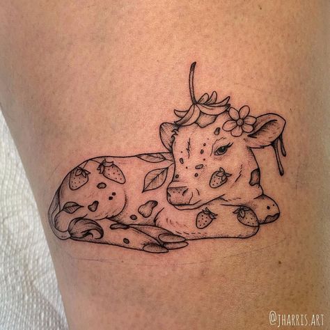 Jasmine! | Words cannot describe how happy I was to tattoo this flash piece. Thank you so much for giving this lil cutie a home Nicole 🐮🍓… | Instagram Cowgirl Theme Tattoo, Cruelty Free Tattoo, Animal Related Tattoos, Fun Animal Tattoo, Calf Cow Tattoo, Fairy Cow Tattoo, Groovy Chick Tattoo, Baby Animal Tattoos, Art Piece Tattoo