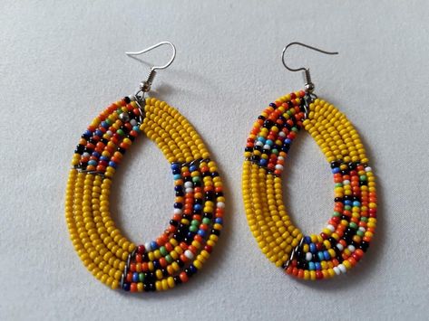 Maasai Art, Maasai Earrings, African Paper Beads, Yellow Beaded Earrings, African Jewelry Earrings, Afro Earrings, Black Beaded Earrings, Afrocentric Earrings, Africa Earrings