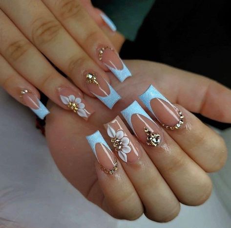 Blue Nail Inspo, Shiny Nails Designs, Elegant Touch Nails, Nail Art Designs Images, Art Deco Nails, Romantic Nails, Stylish Nails Designs, Girly Acrylic Nails, French Tip Acrylic Nails