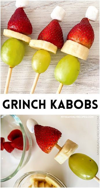 Grinch fruit kabobs- cute healthy christmas snack for kids! grapes, strawberries, bananas, and marshamallows. Grinch themed party food ideas. Grinch Fruit, Grinch Fruit Kabobs, Grinch Kabobs, Healthy Christmas Snacks, Christmas Party Snacks, Christmas Snack, Grinch Christmas Party, Grinch Party, Fruit Kabobs