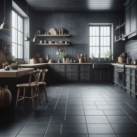 Kitchen Flooring Ideas Dark Grey Kitchen Tile Floor, Black Floors In Kitchen, Black Kitchen Dark Floor, Dark Floor Tiles Kitchen, Dark Floors In Kitchen, Black Kitchen Tile Floor, Dark Flooring Kitchen, Dark Tile Kitchen Floors, Black Floor Kitchen Ideas