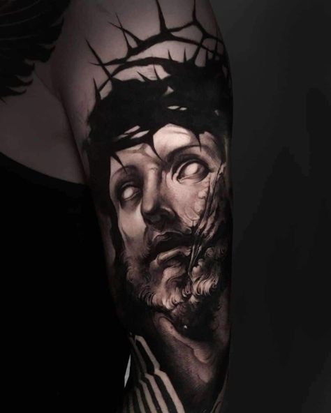 Dark Realism Tattoo, Religious Tattoo Sleeves, Arm Cover Up Tattoos, Tattoo House, Chicano Tattoos Sleeve, Muster Tattoos, Religious Tattoo, Jesus Tattoo, Religious Tattoos