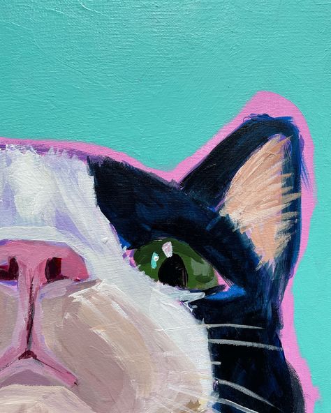 what would you do if I painted your cat like this?! honestly this painting was so much fun 😂 sometimes I wake up in the morning and my kitten is towering over my head, like she’s plotting something big for the day! Chaos, carnage and mischief tbh This painting is for sale and looking for its new home 👀 “Tuxedo Cat Behaviour” Size: 46x60 cm Medium: Acrylic on Canvas #painting #art #petportrait Drawing Ideas For Bedroom Wall Art, Two Canvas Painting Ideas Diy Wall, Colourful Cat Drawing, Cool Cat Painting, 2d Acrylic Painting, Cat Drawing Canvas, Animal Portraits Painting, Mini Canvas Cat Painting, Tuxedo Cat Painting Easy