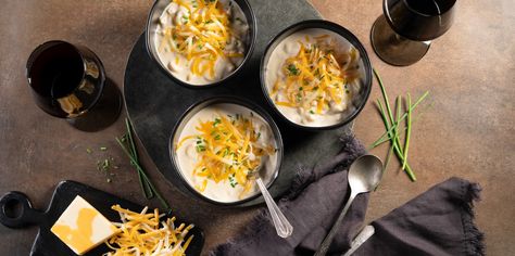 Cheese soup and mac and cheese, made with Sargento® Block Sharp Cheddar-Jack Natural Cheese, are fabulous on their own. This recipe combines both to create a rich and creamy soup. Chopped chives add a mild onion flavor that goes great with this cheesalicious soup. Mac N Cheese Soup, Mac And Cheese Pizza, Cabin Food, Charcuterie Appetizers, Soups Recipes, Creamy White Chicken Chili, Soups Stews Chilis, Soup Appetizers, Macaroni Recipes