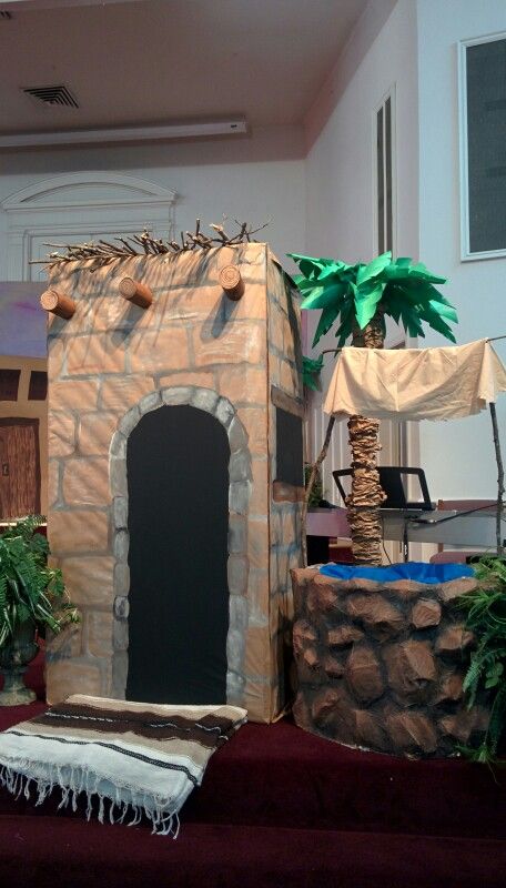 Nazareth VBS building, well, palm tree Vbs Town Of Bethlehem Scenery, Hometown Nazareth Vbs Decorating, Hometown Nazareth Vbs Snacks, Vbs Bible Times Decorations, Hometown Nazareth Vbs Decorations, Hometown Nazareth Vbs, Nazareth Vbs, Painted Bricks, Easter Play