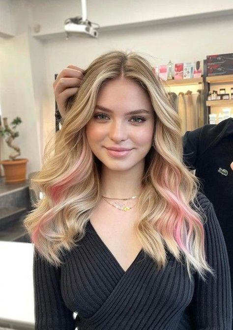 Subtle Pink Streaks In Hair, Blonde Hair With Color Ideas Dyes, Pink Peekaboos In Blonde Hair, Subtle Colorful Hair Blonde, Strawberry Blond And Pink Hair, Light Pink Underneath Hair Blonde, Blonde Hair With Pink Front Pieces, Blonde Hair With Accent Color, Blonde Hair With A Pink Streak