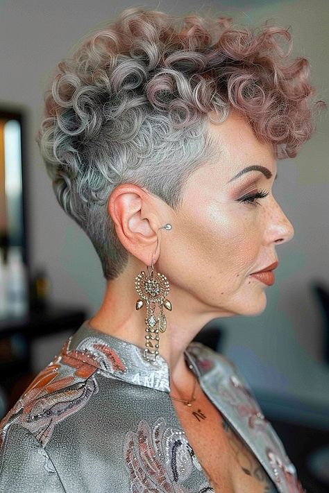 Short Hair Pixie Curly, Female Shaved Hairstyles, Short Wavy Pixie Haircut, Very Short Curly Hair Pixie, Pixie Curly Haircut, Short Hairstyles For Women Over 50, Wavy Undercut, Short Curly Pixie Cut, Pixie Cut Curly Hair