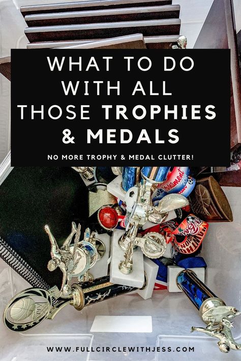 how to declutter trophies and medals. Trophy Storage Ideas, Trophy And Medal Display Ideas Diy, Kids Sports Pictures Display, Upcycle Old Trophies, Repurpose Trophies Ideas, Baseball Trophy Display Ideas, What To Do With Old Trophies, Trophy Organization, Bedroom Trophy Display Ideas