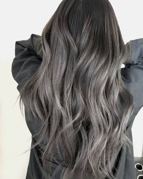 Dark Grey Tone using @kenraprofessional @f18hair Level 8/9 tone to a.level 6A Dark Hair In Summer, Trendy Nails Dark, Lilac Grey Hair, Dark Grey Hair Color, White Ombre Hair, Grey Brown Hair, Ashy Hair, Ash Brown Hair Color, Frosted Hair