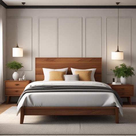 Lamps Neutral, Mustard Pillows, Modern Wood Bedroom, Brown Wood Bed, Mid Century Modern House Plans, Residence Interior, Parents Bedroom, Walnut Bed, Matching Nightstands