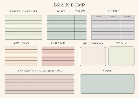 Pale Beige Aesthetic, Brain Dump Trigger List, Planner Template Aesthetic, Doodle Bullet Journal, Planner Prompts, Brain Dump Template, Student Daily Planner, Planer Organisation, Mind Map Template