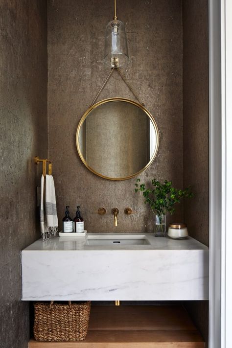 Wallpaper Half Bath, Transitional Powder Room, Luxury Powder Room, Wallpaper Powder Room, Contemporary Powder Room, Powder Room Mirror, Powder Room Sink, Powder Room Wallpaper, Tudor Style Homes