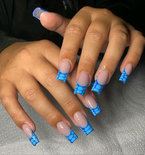 Baby Blue Design Nails, Blues Clues Nails, Short Acrylic Blue French Tip, Croc Nail French Tip, Blue Croc Nails, Short Square Acrylic Nails Crocodile, Crocodile Nails French Tip Blue, Blue Crocodile Nails, Short Square Acrylic Nails Blue French Tips