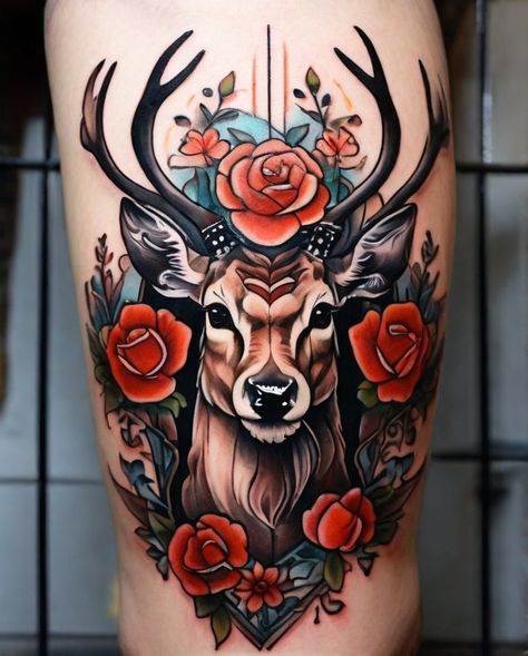 Deer Woman Tattoo, Neo Traditional Deer Tattoo, Traditional Elk Tattoo, Buck And Doe Tattoo, Traditional Deer Tattoo, Deer Tattoos For Women, Stag Tattoo Design, Buck Tattoo, Elk Tattoo