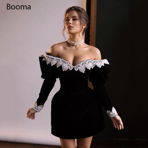 Prom Dresses Long Sleeves, Mini Cocktail Dresses, Dresses Open Back, Dresses Long Sleeves, Short Prom Dresses, Black Off Shoulder, فستان سهرة, Short Prom Dress, Short Prom