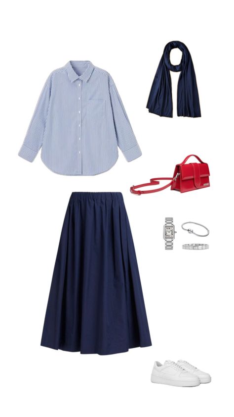 blue striped shirt, navy blue long skirt, navy blue hijab, red bag, white sneakers, hijabi outfit Striped Shirt Outfit Hijab, Blue Hijab Outfit, Blue Stripes Outfit, Navy Skirt Outfit, Red White Outfit, Long Navy Skirt, Long Skirt Outfits Aesthetic, Navy Blue Long Skirt, Hijabi Summer Outfits