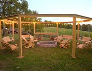 Swings And Fire Pit, Fire Pit With Swings, Pergola And Fire Pit, Diy Backyard Pergola, In Ground Fire Pit, Bonfire Pits, Easy Fire Pit, Fire Pit Swings, Rustic Fire Pits