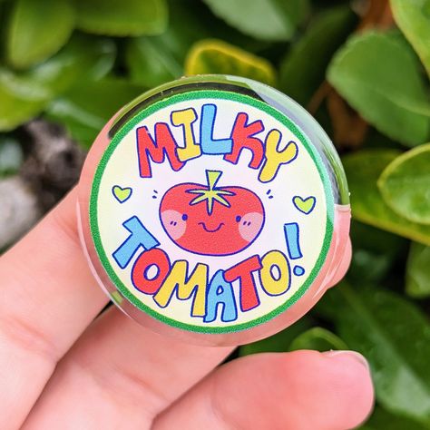 ❤ MILKY TOMATO LOGO ACRYLIC PIN ❤ ♡ This logo pin perfect for your showing your love for my shop and for decorating backpacks, jackets/denim jackets, purses, ita bags, lanyards, and more! ♡ Art is made by me :) ♡ Sizes: - 1.5x1.25"" ♡ SHIPPING & RETURNS ♡ - Please allow 1-4 business days for processing and shipping your order! - This item will be shipped in a cardboard mailer without tracking to minimize your costs. - No returns or exchanges will be accepted and I am not responsible for any dela Milky Tomato Art, Food Fanart, Tomato Logo, Milky Tomato, Brain Juice, Merchandising Ideas, Ita Bags, Slime Rancher, Sticker Making