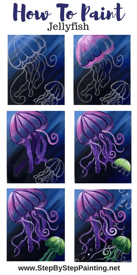 How To Paint A Jellyfish Painted Jellyfish Easy, Jellyfish Canvas Painting Easy, Diy Painting Tutorial, Jellyfish Acrylic Painting Ideas, Jellyfish Painting Acrylic Tutorial, Ocean Animals Painting Acrylic Easy, Simple Painting Tutorials Step By Step, Paint Nite Ideas Step By Step Easy, Jelly Fish Painting Acrylic Step By Step