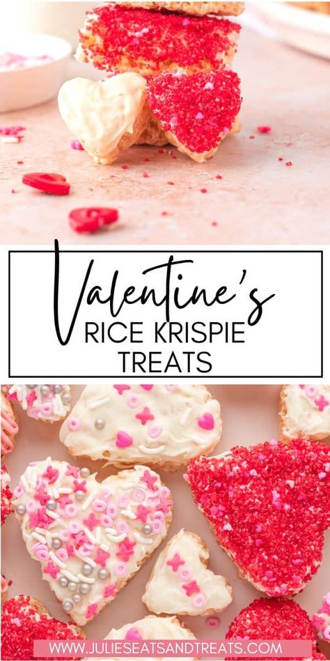 Need an easy and fun Valentine's Day treat? Make this yummy Valentine's Rice Krispie Hearts! Simple and fun Rice Krispie Treats that are cut out into hearts and decorated for a delicious treat or dessert at Valentine's Day parties. Treats With Marshmallows, Valentine Rice Krispie Treats, Valentine Dessert, Valentines Snacks, Valentines Baking, Heart Shaped Valentines, Simple Dessert, Valentine Desserts, Valentines Day Desserts