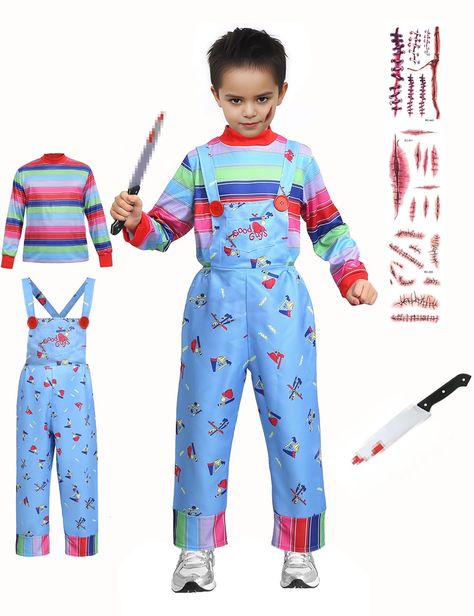 PRICES MAY VARY. CHUCKY CLASSIC HORROR MOVIE CHARACTER：Featuring a blood-stained prop knife, 3pcs scary scar stickers,a striped shirt, and Chucky’s signature overalls, your kids will be ready to terrorize the whole neighborhood QUALITY MATERIAL & ADJUSTABLE SIZE：the striped shirt is made of stretchy fabric,Chucky costume jumpsuit has an elastic band at the waist and closes in the back with hook and loop fastener, the adjustable size perfectly fit the child's body shape and will not affect the mo Halloween Chucky Costume, Chucky Costume For Kids, Prop Knife, Chucky Costume, Good Guy Doll, Costume Jumpsuit, Baby Costumes Girl, Costume For Kids, Classic Horror Movies