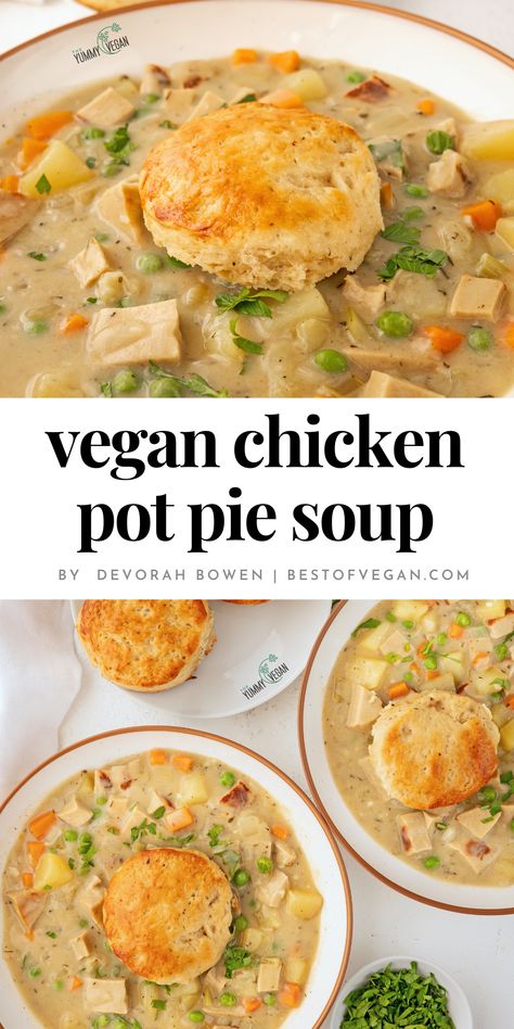 Looking for a cozy, delicious, and comforting meal? Look no further! Our Vegan Chicken Pot Pie Soup is not only delicious but also packed with nutrition! 🌱 Perfect for a cold day or a family dinner. 😋 Get the full recipe now and make your taste buds sing! 🎶 Vegan Chicken Pot Pie Soup, Vegan Pot Pie Soup, Vegan Chicken Pot Pie, Vegan Pot Pies, Chicken Pot Pie Soup, Pot Pie Soup, Vegan Chicken, Savory Vegan, Vegan Comfort Food