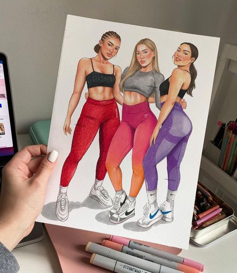 Natalie Madej Drawings, Gym Sketch Art, Gym Outfit Drawing, Gym Girl Illustration, Fitness Art Drawing, Gym Drawing Art, Gym Drawing, Models Drawing, Natalia Madej