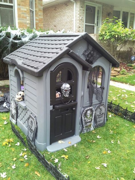 Halloween Cubby House, Haunted Play House Diy, Playhouse To Haunted House, Halloween Little Tikes House, Haunted House Playhouse, Playhouse Haunted House, Halloween Playhouse Makeover, Spooky Playhouse, Redo Playhouse