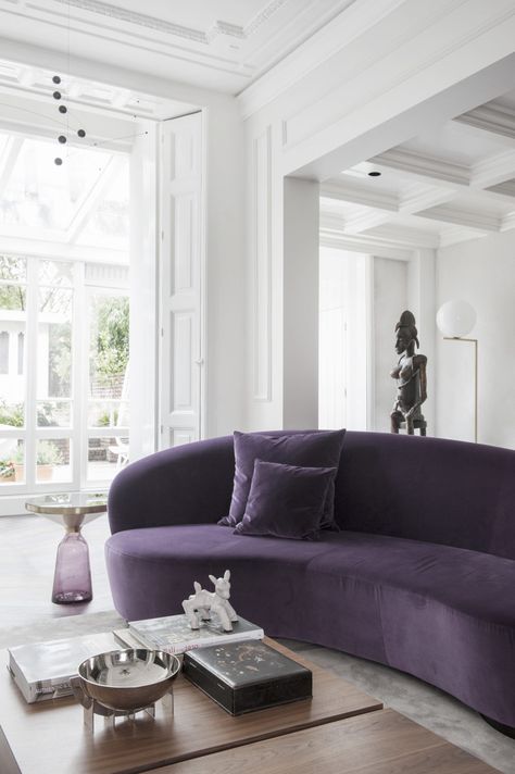 Home in Amsterdam by Cocoon Living Purple Sofa Living Room Ideas, Kitchen Styles French, Sofa Purple, Curvy Sofa, Purple Couch, French Style Bedroom, Purple Sofa, Scandinavian Apartment, French Style Homes