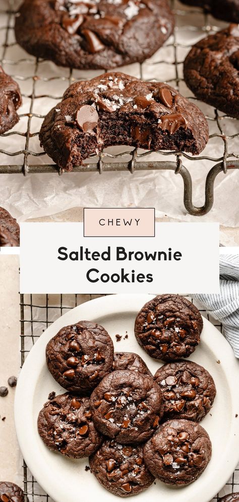 Incredible chewy salted brownie cookies with the perfect sweet and salty, bakery-style flavor. These fudgy double chocolate chip cookies are delicious straight from the oven or chilled from the refrigerator! The best treat for chocolate lovers. Salted Brownie Cookies, Ambitious Kitchen Recipes, Cookies With Sea Salt, Chewy Chocolate Brownies, Chocolate Brownie Cookies, Chocolate Chip Brownies, Chocolate Sugar Cookies, Salty Treats, Double Chocolate Chip Cookies